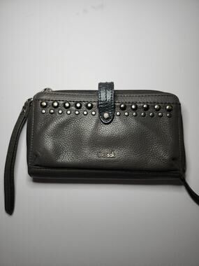 The Sak Studded Zip Wallet Wristlet Charcoal Grey Leather